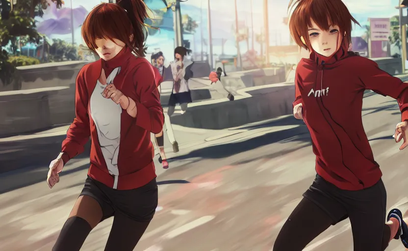 Image similar to anime style, gta 5, girl is running, red sport clothing, marathon, brown short hair, hair down, symmetrical facial features, from arknights, hyper realistic, rule of thirds, extreme detail, detailed 4 k drawing, safebooru, realistic lighting, by alphonse mucha, greg rutkowski, sharp focus, backlit