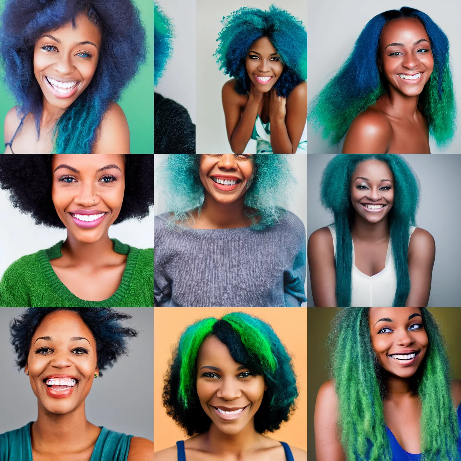 Prompt: photo of a single black woman with blue hair, green eyes smiling, portrait, realistic, photograph, perfection