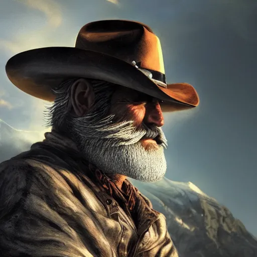 Prompt: cowboy, old, white beard, wrinkles, handsome, action pose, katana, profile, intricate, detailed, volumetric lighting, scenery, digital painting, highly detailed, artstation, sharp focus, illustration, concept art, ruan jia, steve mccurry