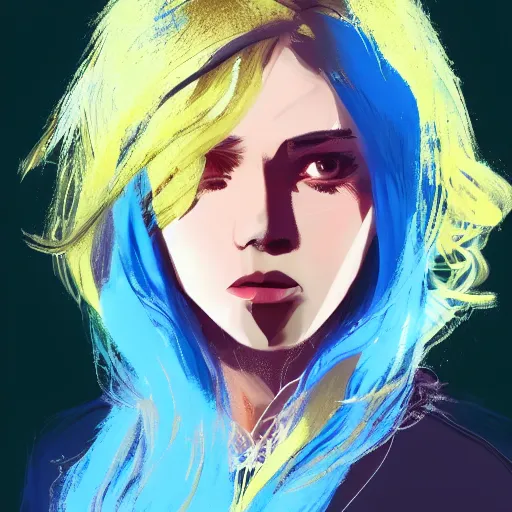 Image similar to ilya kuvshinov with long hair, sky blue hair, gold eyes, hazel eyes, amber eyes, boyish face, professional digital painting, concept art, award - winning photography, cinematic, forest background, thin fur scarf, awe, regal, wlop, art by andy warhol, pixiv art, yoshitaka amano