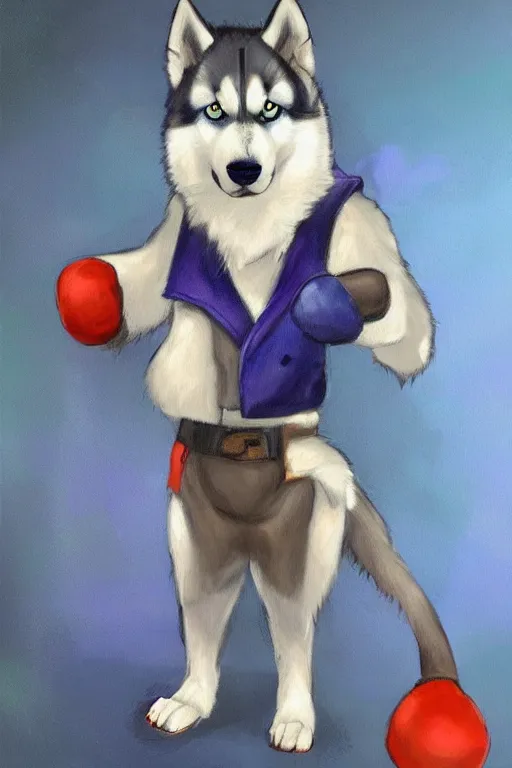 Image similar to a character design of a husky in blue vest, boxing on the stage, portrait painting, anime, studio ghibli, humanoid, anthropomorphic, personify, furry