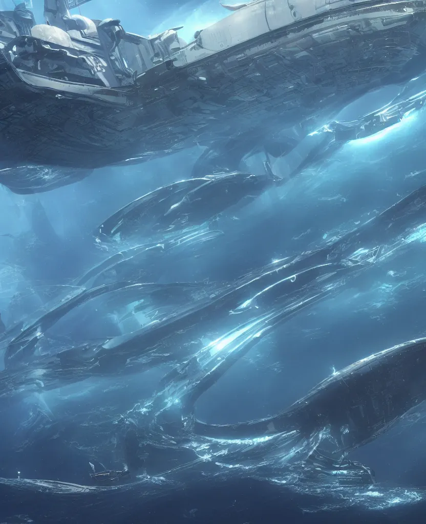 Image similar to crescent shaped pelagic city floating on the water, fusion of subnautica and star trek, aquaculture farms in the water around, boats of different sizes, in the style of john eaves ron walotsky ralph mcquarrie, soft natural volumetric lighting, realistic 4 k unreal engine 5 beautifully detailed render, 4 k post processing, trending on artstation