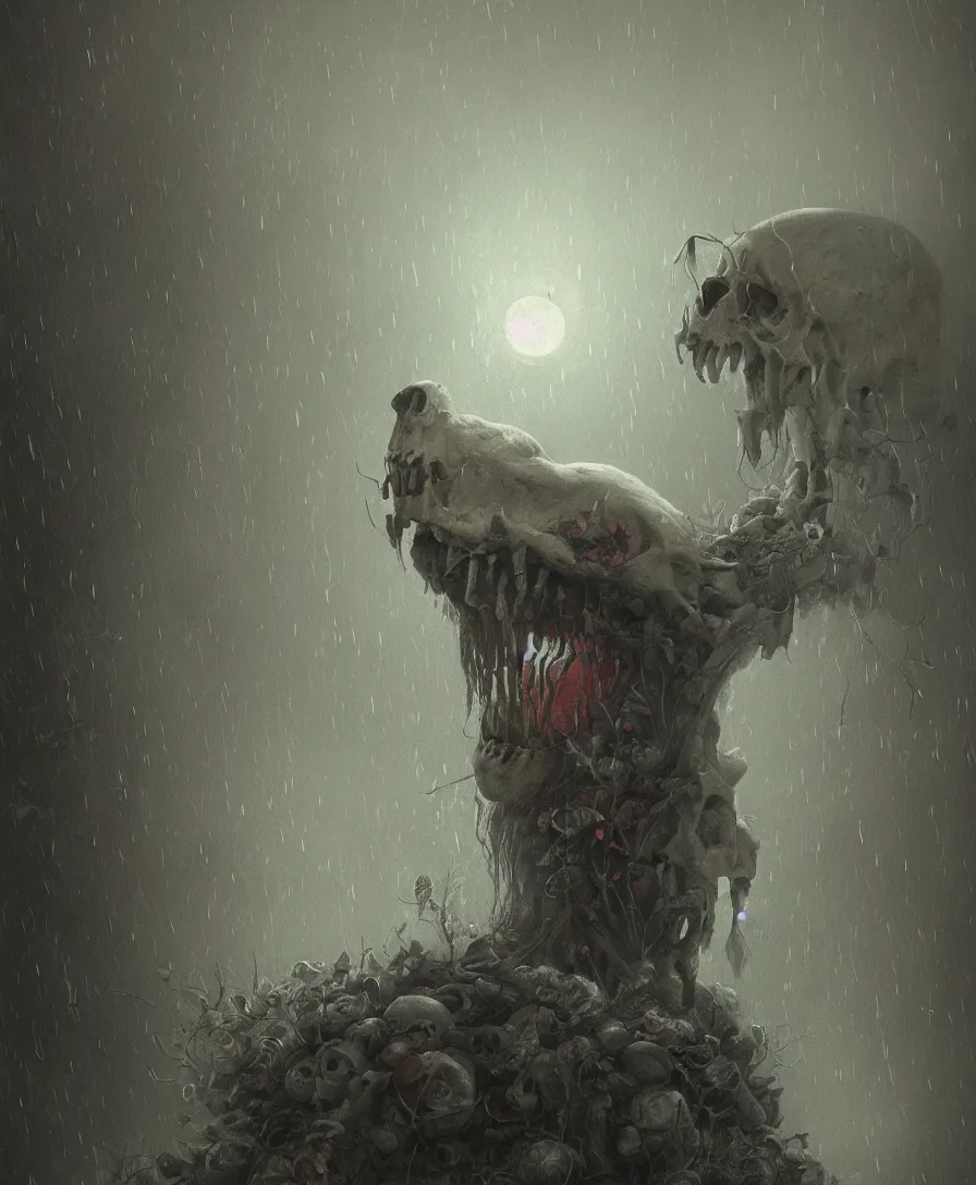 Image similar to portrait sad skull clown, raining, full moon, illustrated by Simon Stålenhag and Gaston Bussiere, beautiful volumetric lighting style atmosphere, intricate, ultra detailed, photorealistic, trending on artstation, 4k, 8k