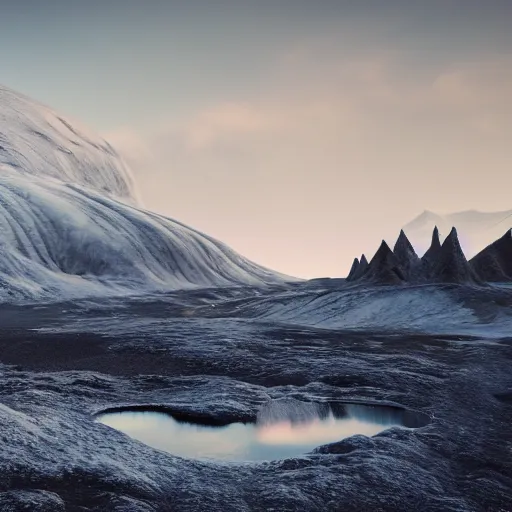 Image similar to landscape is dominated by the icelandic highlands, a vast plateau covered in glaciers and volcanoes, 3 d octane render, artstation, andrew krivulya