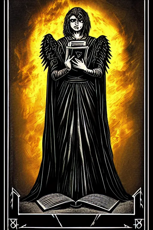 Prompt: dlsr photo of the tarot card illustration of an envoked dark angel holding a book of necronomicon, symmetrical, cinematic, sharp focus, 4 k, ultra hd, sense of awe, sinister demonic atmosphere, dreadful, forbidden knowledge, old gods. demonology journal cover