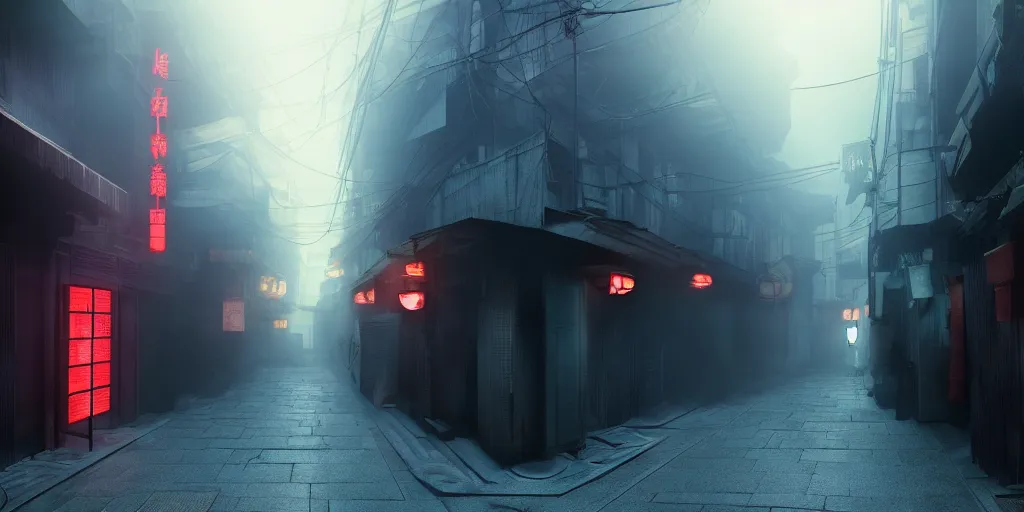 Image similar to a japanese alleyway in the style of blade runner 2049, volumetric lighting,