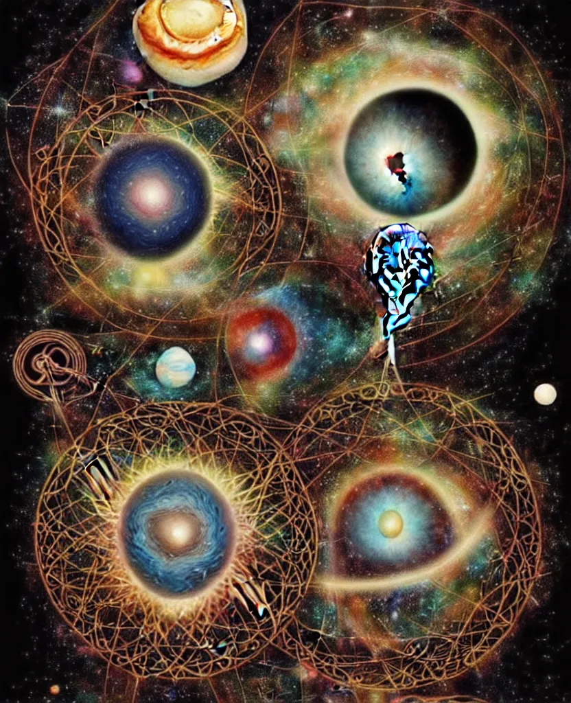 Image similar to inside the universe of a human body soul, whimsical uncanny creature alchemizes unique canto about'as above so below'being ignited by the spirit of haeckel and robert fludd, breakthrough is iminent, glory be to the magic within, to honor jupiter, surreal collage by ronny khalil