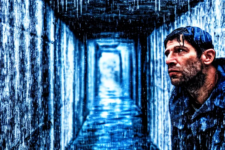 Prompt: a cinematic headshot photograph of a beautiful homeless war veteran, stood in a tunnel, rain, film still, cinematic, dramatic lighting, blue color theme, by zack snyder