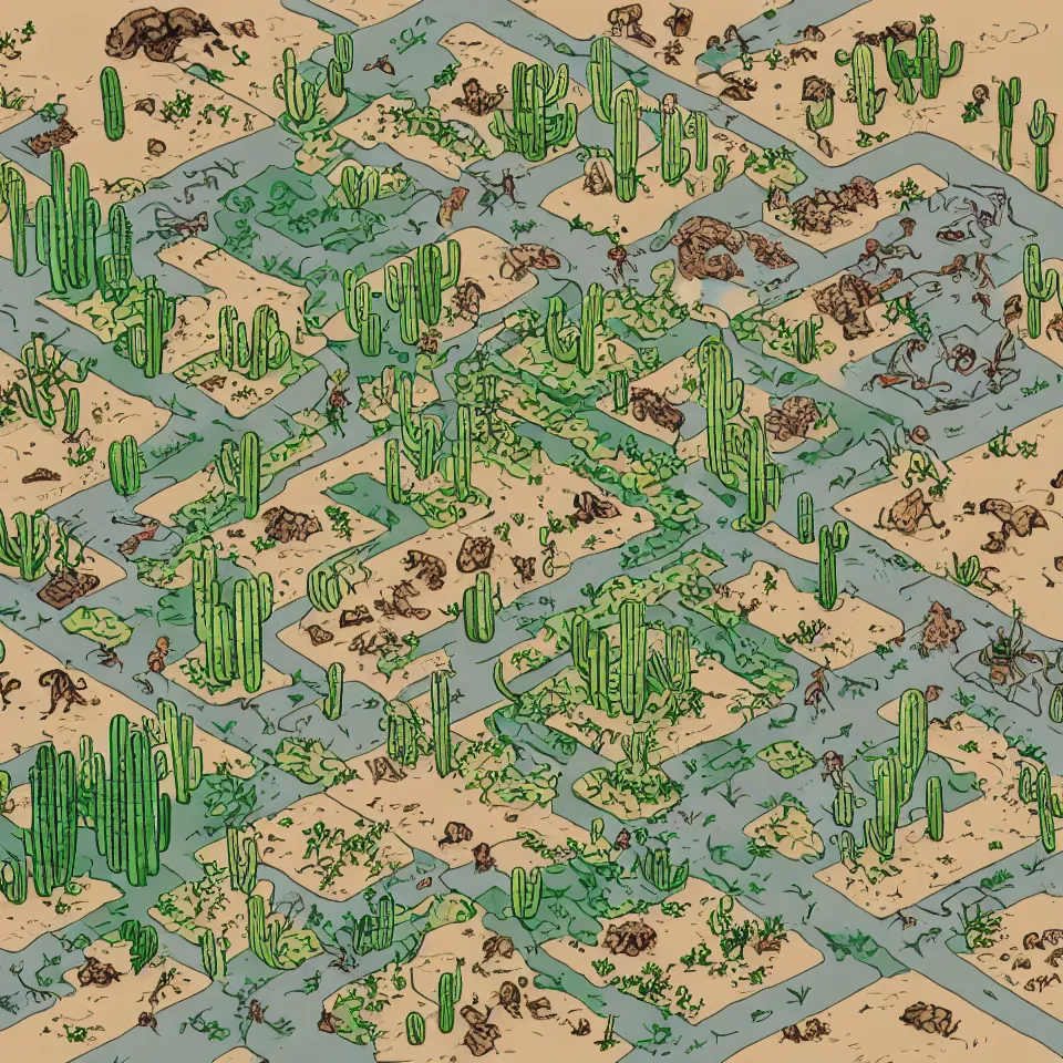 Image similar to a detailed hand drawn isometric game map of the Mojave desert with cactuses and a monster Scorpions