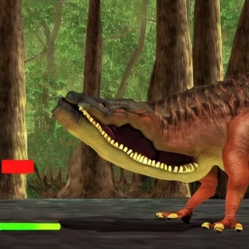 Prompt: Nintendo 64 Turok the dinosaur Hunter game, the dinosaurs are bongo drums