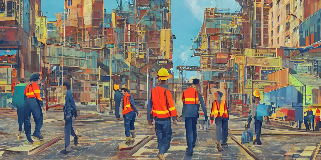 Image similar to workers going about their day in the year 2060 by Alex Heywood, beautiful detailed photorealistic modern digital illustration, deep emotional bright colors