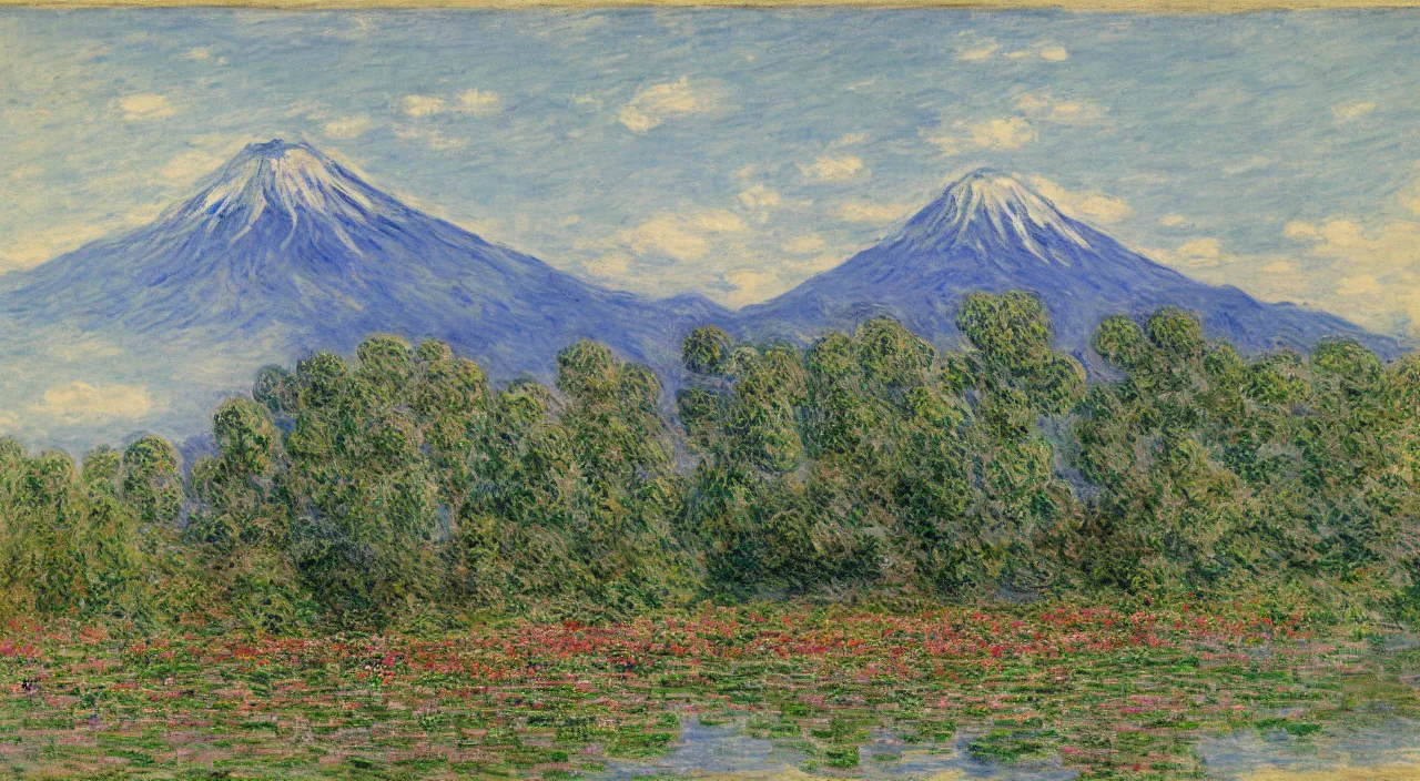 Prompt: a Japanese castle, with a garden as foreground, with mountains as background, by Claude Monet