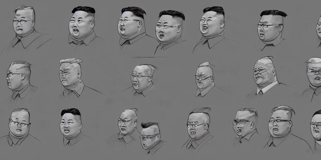 Image similar to kim jong un, character sheet, concept design, contrast, kim jung gi, greg rutkowski, zabrocki, karlkka, jayison devadas, trending on artstation, 8 k, ultra wide angle, pincushion lens effect