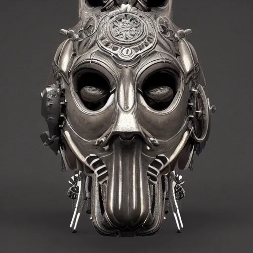 Image similar to an ominous dark ancient mask. hyper - detailed. steampunk baroque. symmetric. epic. unreal render.