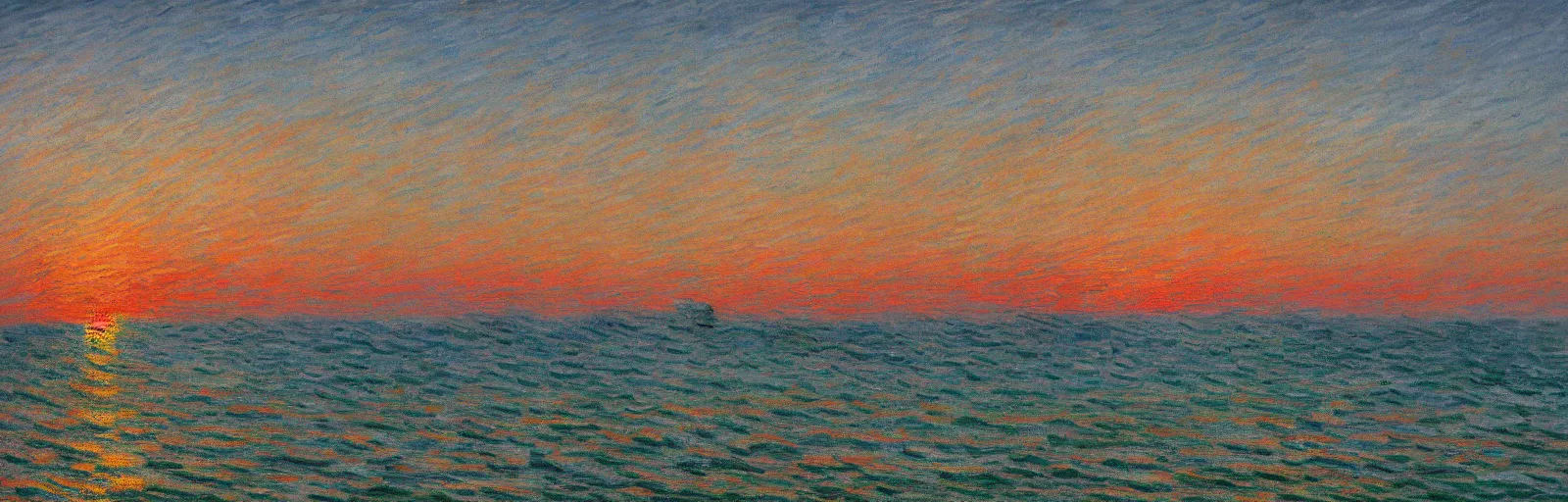 Image similar to An aesthetically pleasing, dynamic, energetic, lively, well-designed digital art of the ocean at sunset, light and shadow, by Claude Monet, superior quality, masterpiece, excellent use of negative space. 8K, superior detail.