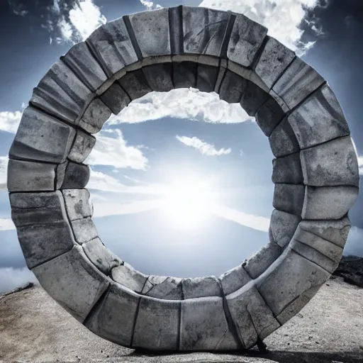 Image similar to stargate made of stone that form a circle, cinematic view, epic sky