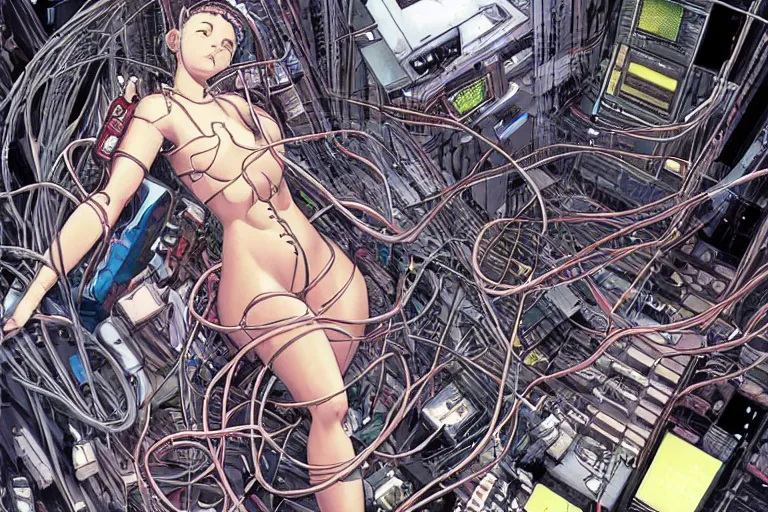 Image similar to an intricate, awe inspiring cyberpunk illustration of a female android body lying open on a labor floor, wires and cables coming out, by masamune shirow and katsuhiro otomo ((colorful)) (((super coherent)))