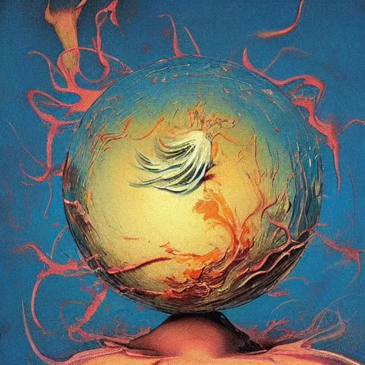 Image similar to a sphere being devoured by abstract splatters of paint in the style of francis bacon, venus being engulfed in flames in the style of james jean, surreal, beksinski, high detailed