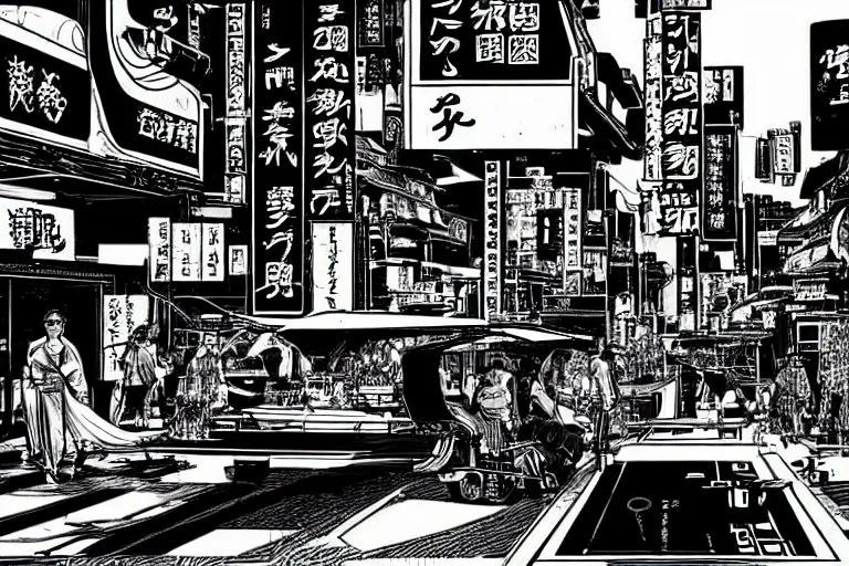 Prompt: cart driving down neo - tokyo outskirts. art in the style of vincent di fate's cyberpunk 2 0 2 0.