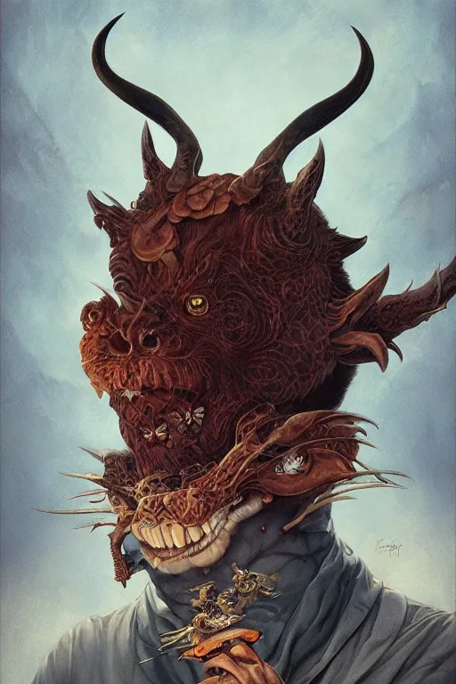 Image similar to a portrait of a devil animal illustrated by miyazaki by karol bak, james jean, tom bagshaw, rococo, sharp focus, trending on artstation, cinematic lighting, hyper realism, octane render, 8 k, hyper detailed, vivid, ultra detailed, highly detailed