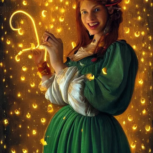 Image similar to a totally amazed smiling pretty supermario surrounded by golden firefly lights in a mesmerizing scene, fully covering intricate detailed bohemian outfit, long loose red hair, precise linework, accurate green eyes, small nose with freckles, beautiful smooth oval head, expressive emotions, hyper realistic ultrafine portrait by artemisia gentileschi, jessica rossier, greg rutkowski, artgerm