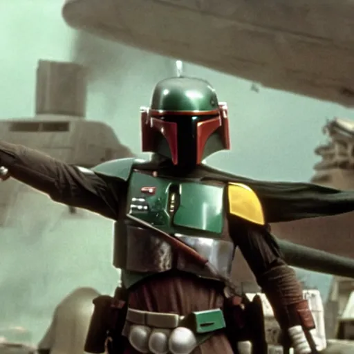 Image similar to cinematic shot of Boba Fett in Star Wars the empire strikes back