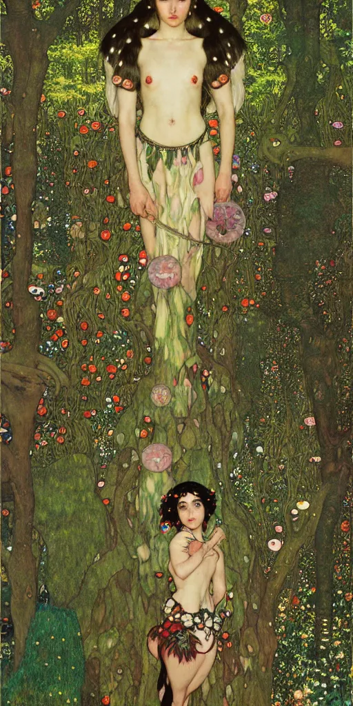 Image similar to Princess Mononoke, lush fairy forest, painted by gustav klimt, tom bagshaw, norman rockwell, mucha, james gurney, denoised, sharp