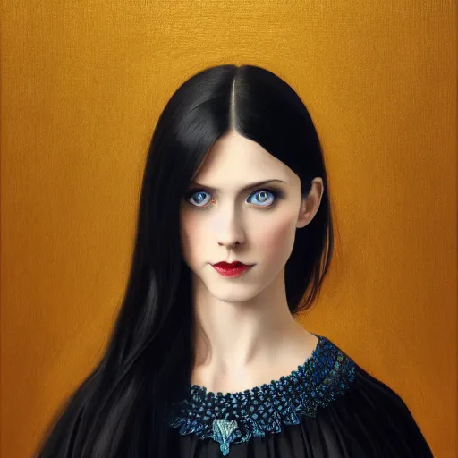 Image similar to full body portrait of a dark haired girl with blue eyes, gentle round face, with a bright smile, intricate detailed black goth dress, highly detailed, deep focus, elegant, digital painting, smooth, sharp focus, golden ratio, illustration, ultra realistic, 8 k, art by artgerm, caravaggio and vittorio reggianini