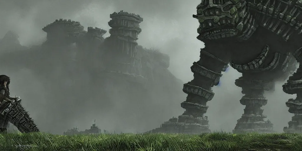 Image similar to an environmental concept art of shadow of the colossus, highly detailed, environmental light, cinematic by francis tneh