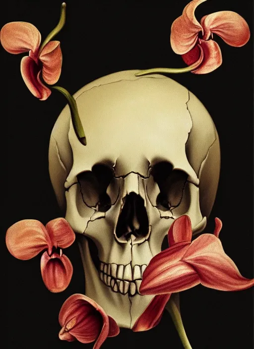 Image similar to renaissance painting of a skull - shaped orchid on a black background, high quality, no blur, 4 k