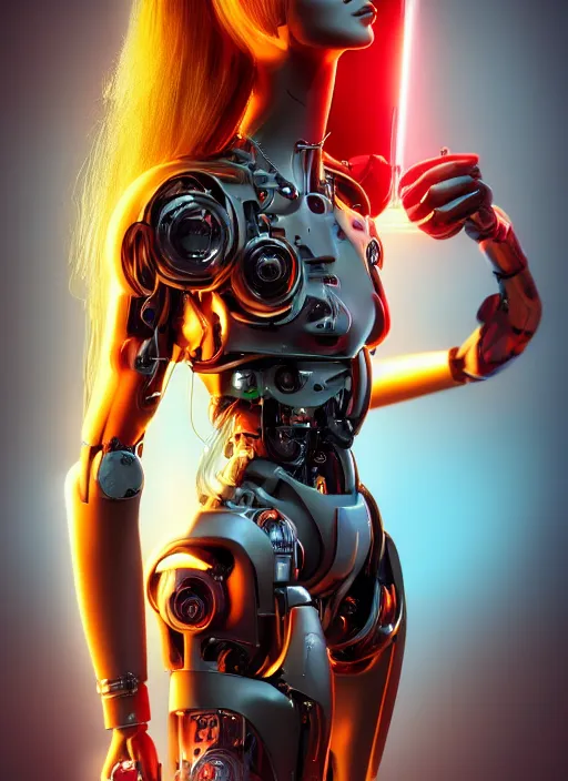 Image similar to photorealistic detailed full body picture of a female cyborg, pretty face with arms and legs, glamour pose, long hair, neon lights, humanoid, extreme, uhdr, book called the most influental cyborg in 2 0 5 0, fine details, highly detailed, intricate, smooth sharp focus, symmetrical features, environmental portrait, realistic render