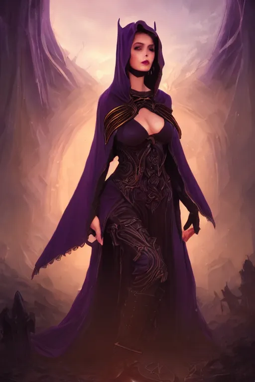 Prompt: Fantasy portrait, Necromancer, female, alluring, beautiful face, dark garments, dark pruple robes, gold bracelet, Black cloak from neck to ankles, pin-up, shapely toned derriere, graveyard background, matte painting, by WLOP, artstation