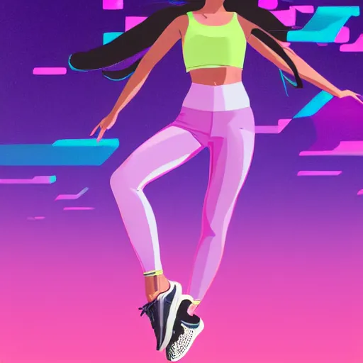 Image similar to a award winning full body shot of a beautiful woman in a croptop and leggings with a ombre purple pink teal hairstyle with head in motion and hair flying, outrun, vaporware, highly detailed, fine detail, intricate