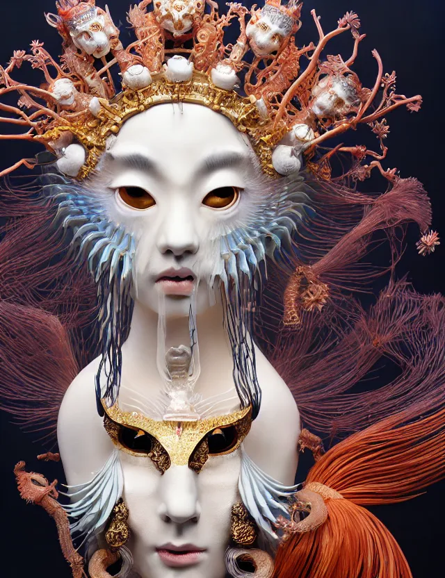 Prompt: 3 d goddess close - up portrait with crown, ram skull. beautiful intricately detailed japanese crow kitsune mask and clasical japanese kimono. betta fish, jellyfish phoenix, bioluminescent, plasma, ice, water, wind, creature, artwork by tooth wu and wlop and beeple and greg rutkowski