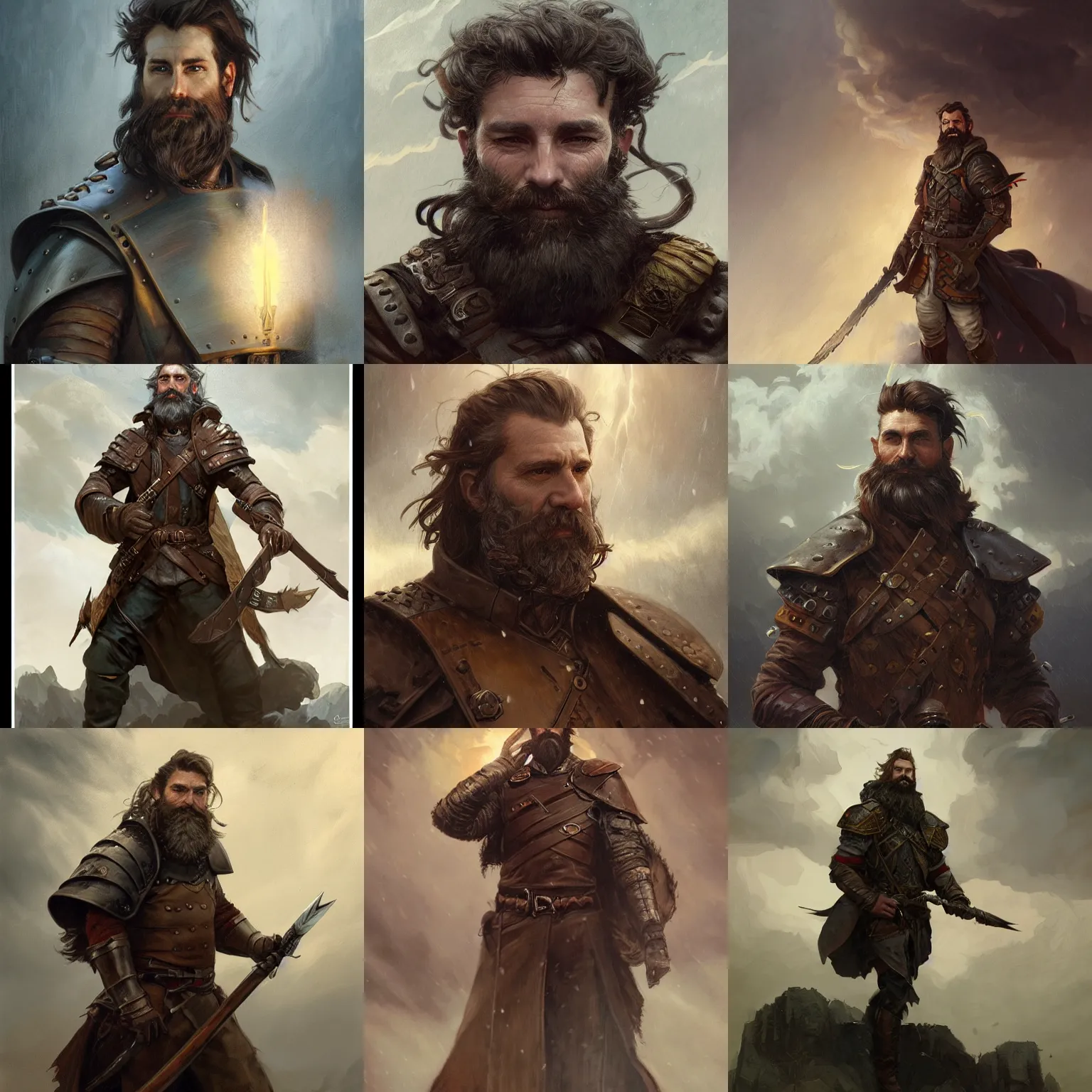 Prompt: portrait of a ruggedly handsome wizard soldier with short brown hair and beard wearing leather armor summoning a storm cloud, half body, fantasy, highly detailed, digital painting, artstation, concept art, character art, art by greg rutkowski and tyler jacobson and alphonse mucha