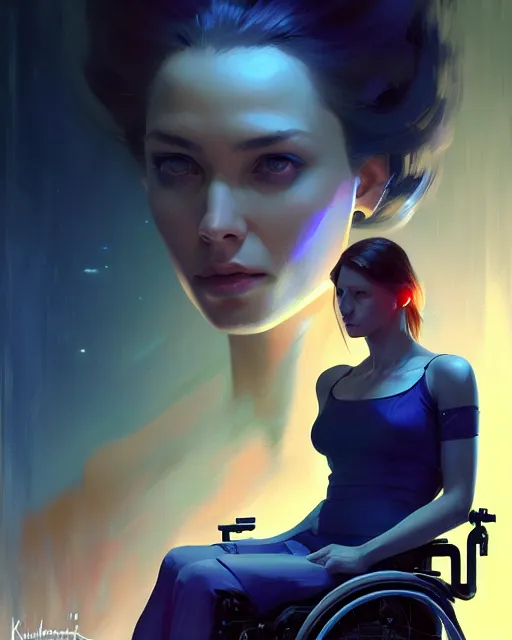 Prompt: masterpiece concept art, a beautiful highly detailed sci - fi lady on wheelchair, artist of 2 2 nd century, cinematic moody colors, realistic shaded lighting poster by ilya kuvshinov, magali villeneuve, artgerm, jeremy lipkin and michael garmash and rob rey