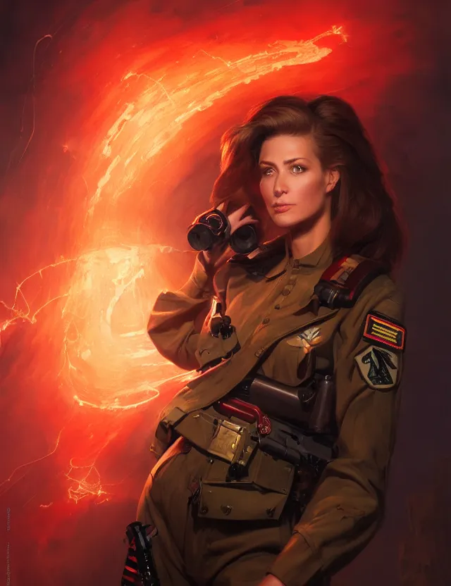 Prompt: a brown - haired woman in a military uniform hovering in the air glowing with red light and crackling energy, by frank fazetta and peter mohrbacher, trending on artstation, digital art, 4 k resolution, detailed, high quality, sharp focus, hq artwork, coherent, insane detail, concept art, character concept, character full body portrait