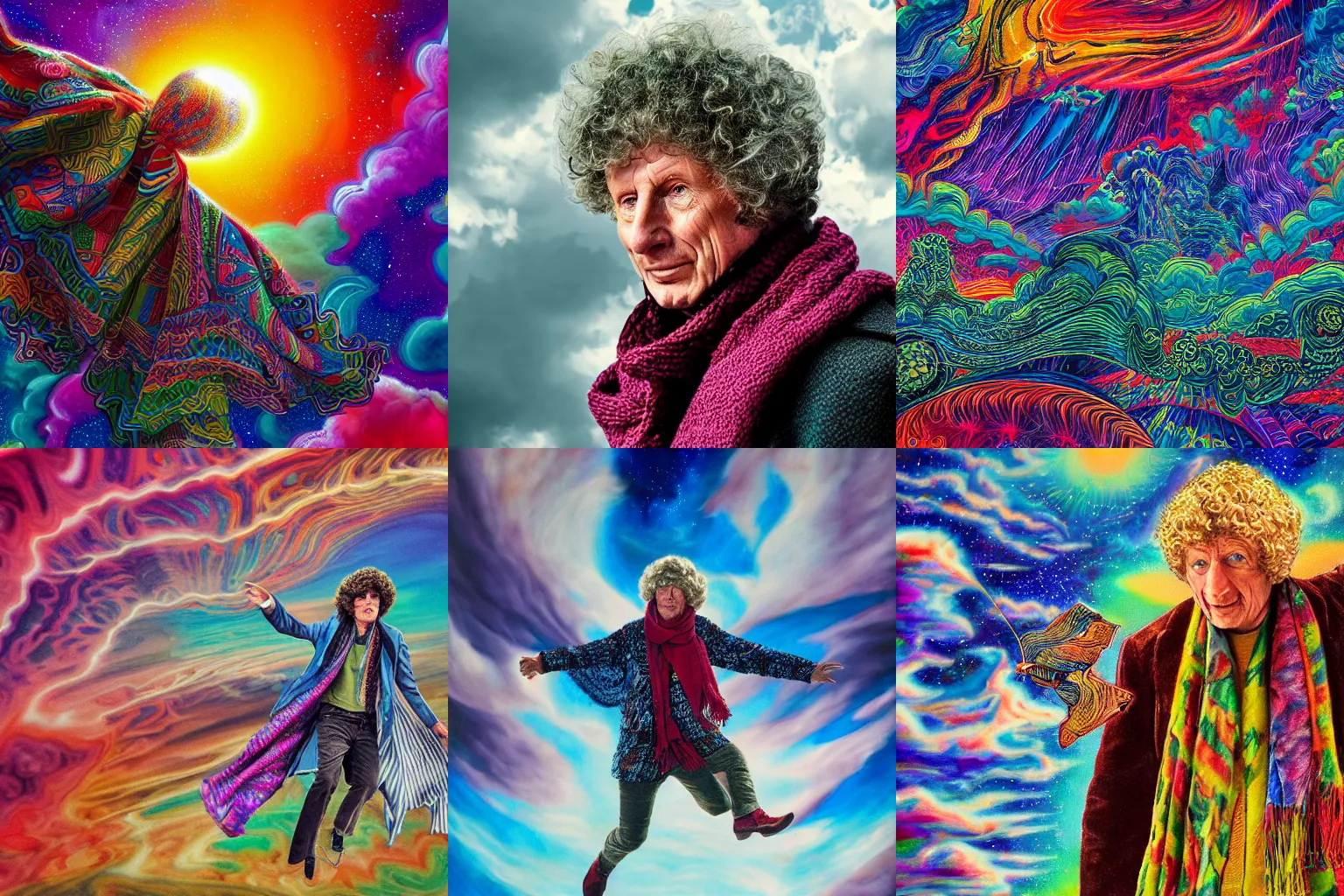 Prompt: tom baker using his scarf to fly, psychedelic, clouds, 4 k, intricate high details, sharp