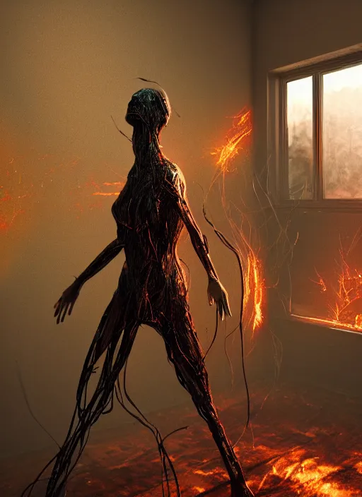 Prompt: rgb, woman, explosions, bedroom full of fire, rage, cinematic, movie scene, inspired by zdzislaw beksinski, clothes made out of veins,, cables everywhere, bedroom, ultra realistic, concept art, intricate details, highly detailed, photorealistic, octane render, 8 k