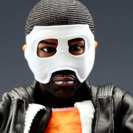 Prompt: action figure of kanye west using a full face covering black mask, a small, tight, undersized reflective bright red round puffer jacket made of nylon, dark jeans pants and big black balenciaga rubber boots, action figure, 5 points of articulation, full body, 4 k, highly detailed