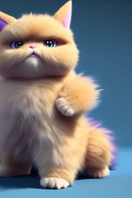 Prompt: high quality 3 d render hyperrealist very cute multipastel fluffy! grumpy chimera! cat hybrid with detailed fluffy wings!!, vray smooth, in the style of detective pikachu, hannah yata charlie immer, dramatic blue light, low angle, uhd 8 k, sharp focus