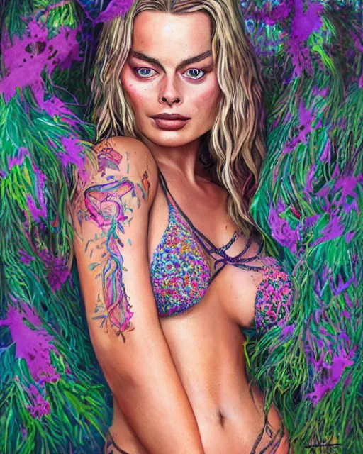 Prompt: margot robbie portrait with a tattooed body posing in a magical crochet bikini in a magical forest, beautiful eyes, realistic face, full body, fantasy art, in the style of Kai Klimiont, illustration, epic, fantasy, intricate, hyper detailed, artstation, concept art, smooth, sharp focus, ray tracing, vibrant