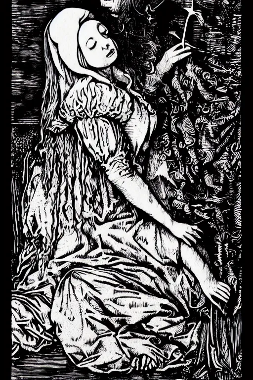 Image similar to sleeping beauty, art by james o barr and albrecht durer, surreal woodcut engraving, black and white, vector, vector art