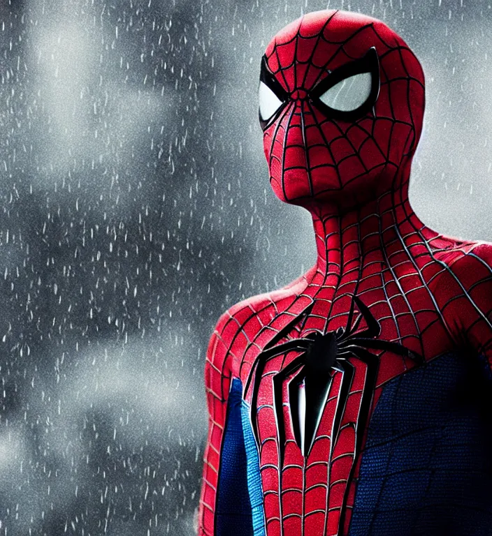 Image similar to cinematic of tobey maguire as spiderman, dramatic rain, 8 k