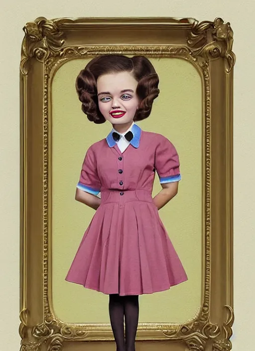 Prompt: portrait of a girl whose head is a comically large tarantula and whose body is dressed in a 1950s school dress, inspired by Mark Ryden and Marion Peck, hints of Cronenberg