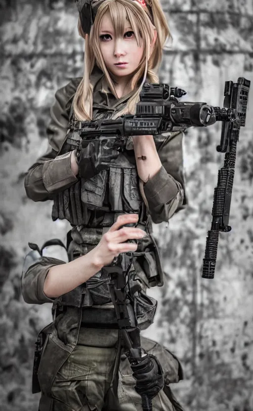 Prompt: an escalating violent firefight, highly detailed, high resolution, cosplay photo, stunning, girls frontline style, bokeh soft, 100mm, trending on instagram, by professional photographer, realistic human anatomy, real human faces, realistic military carrier, modern warfare, maid outfit, realistic weapon, shot with a arriflex 35 ii, low saturation, small human eyes, running pose