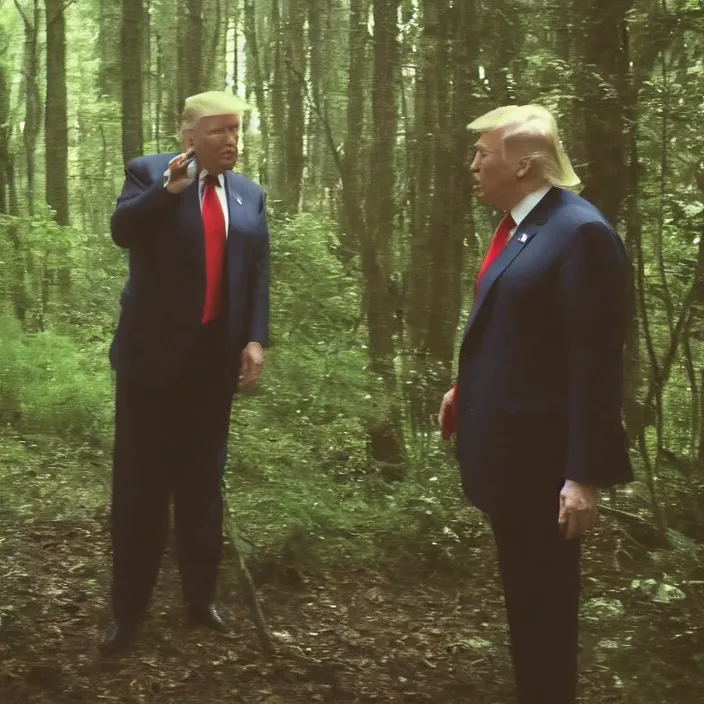 Image similar to A blurry ominous footage capture of Donald Trump in the woods talking to an alien