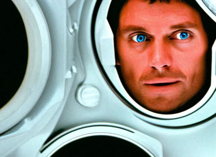 Prompt: film still of HAL from 2001 A Space Odyssey as a washing machine