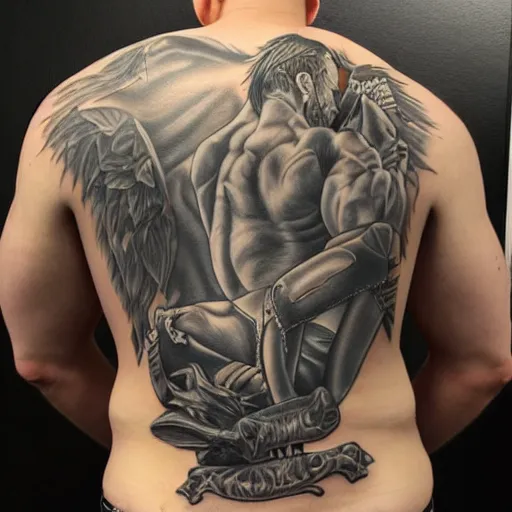 Prompt: photorealistic painting of a picture of my new back tattoo of chris redfield by tom of finland