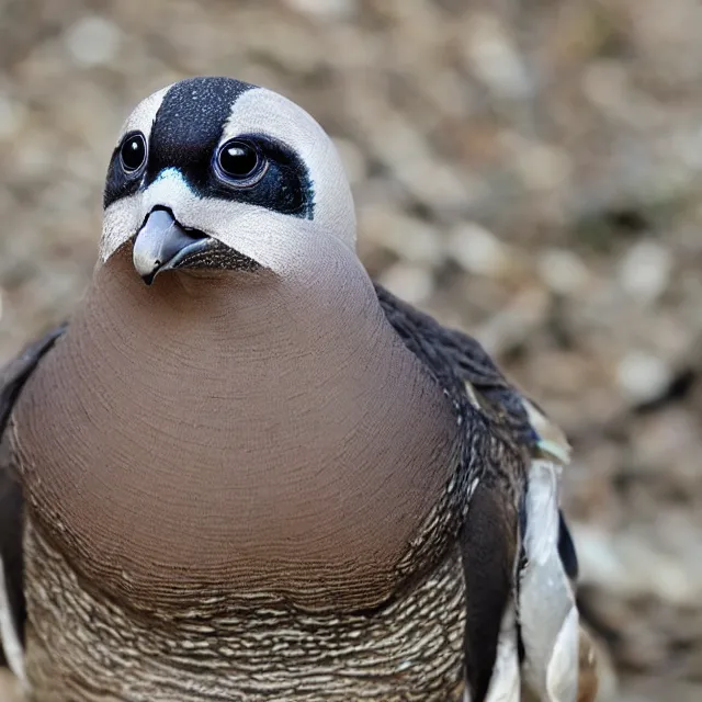 Image similar to turtle - beak pigeon, looking like a raccoon, confused animal